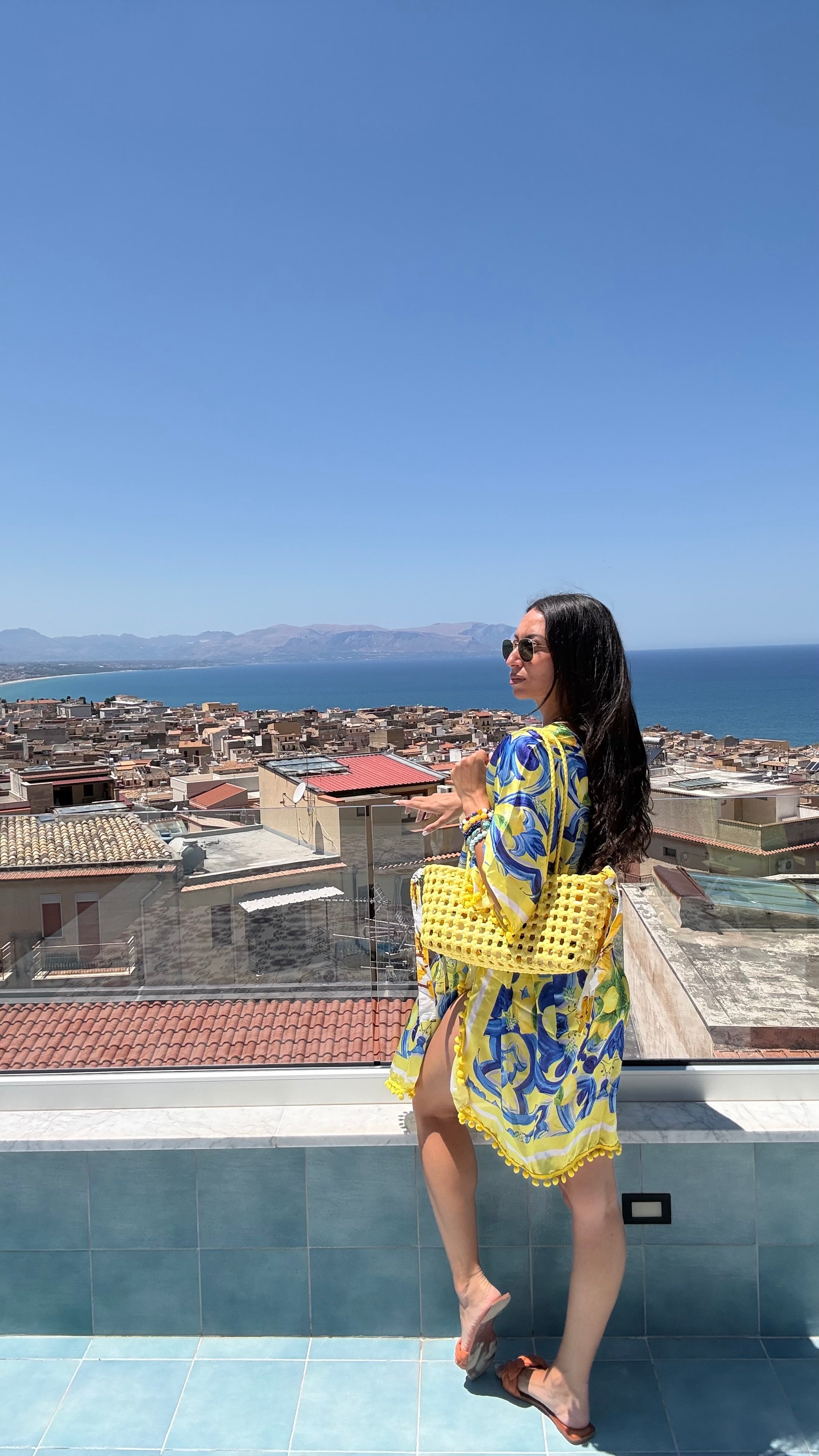 Blue and Yellow Scroll Foulard Dress - Dolce Vita Chic