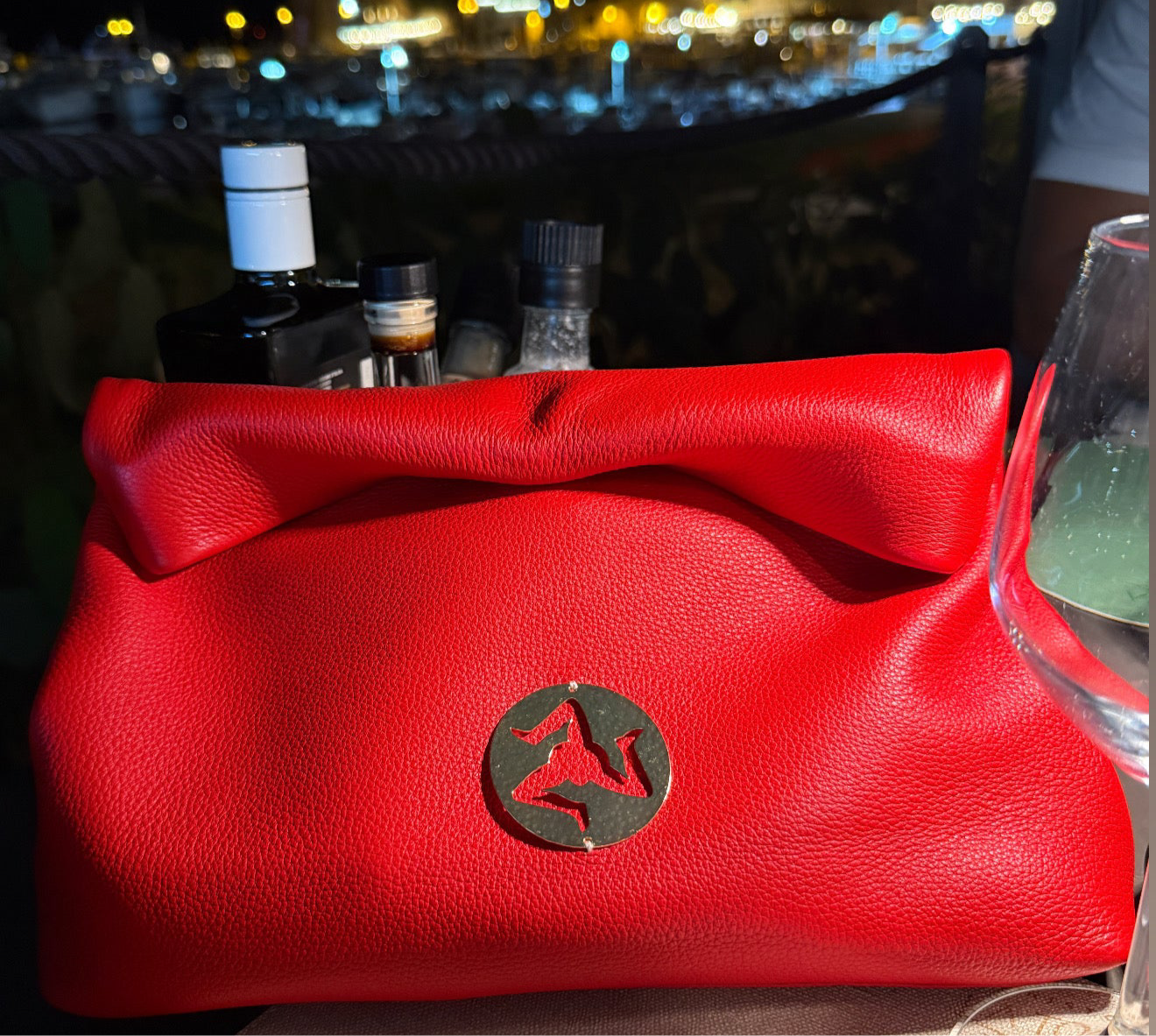 Gold Trinacria Rosso Leather Handbag