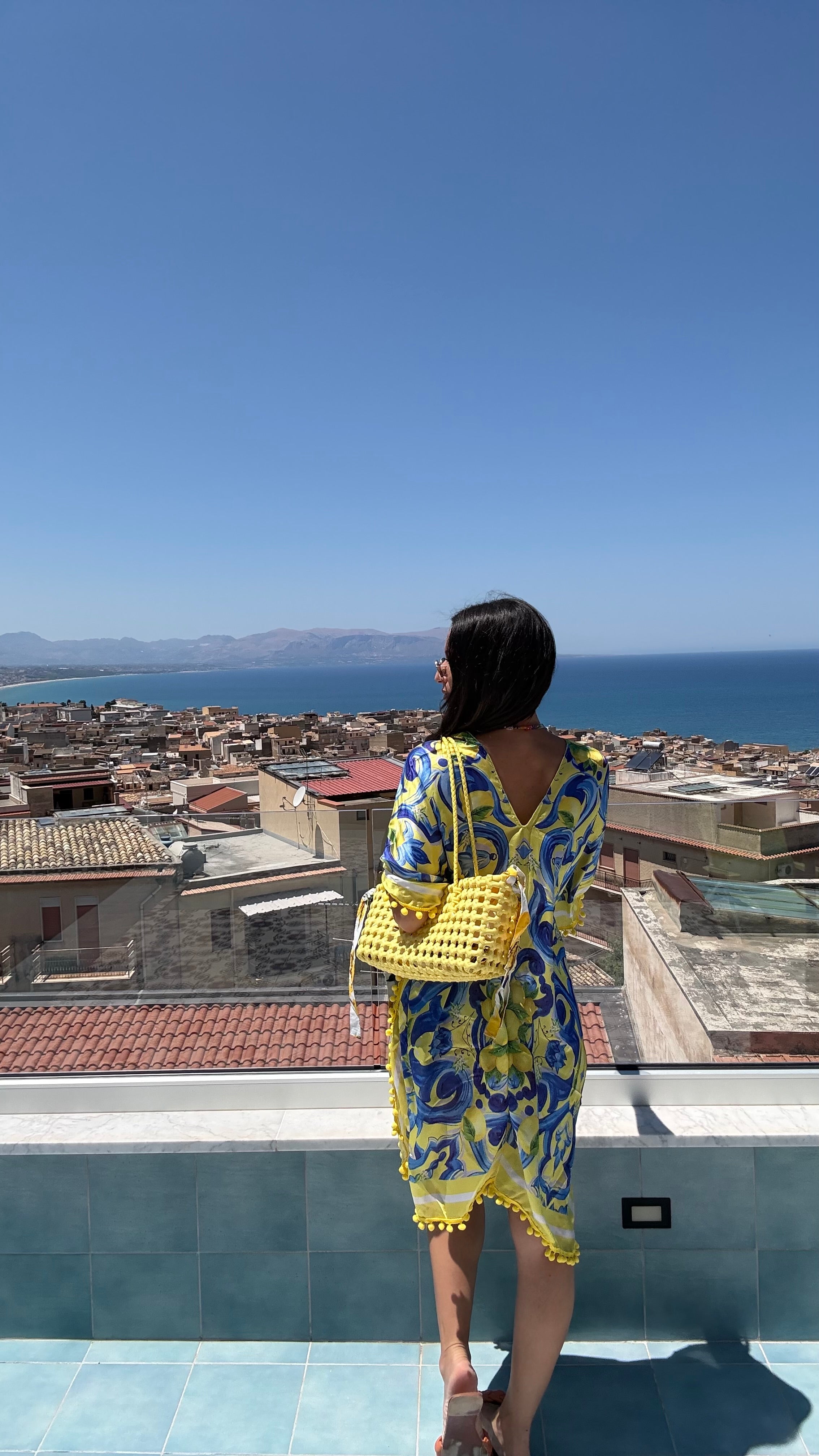 Blue and Yellow Scroll Foulard Dress - Dolce Vita Chic