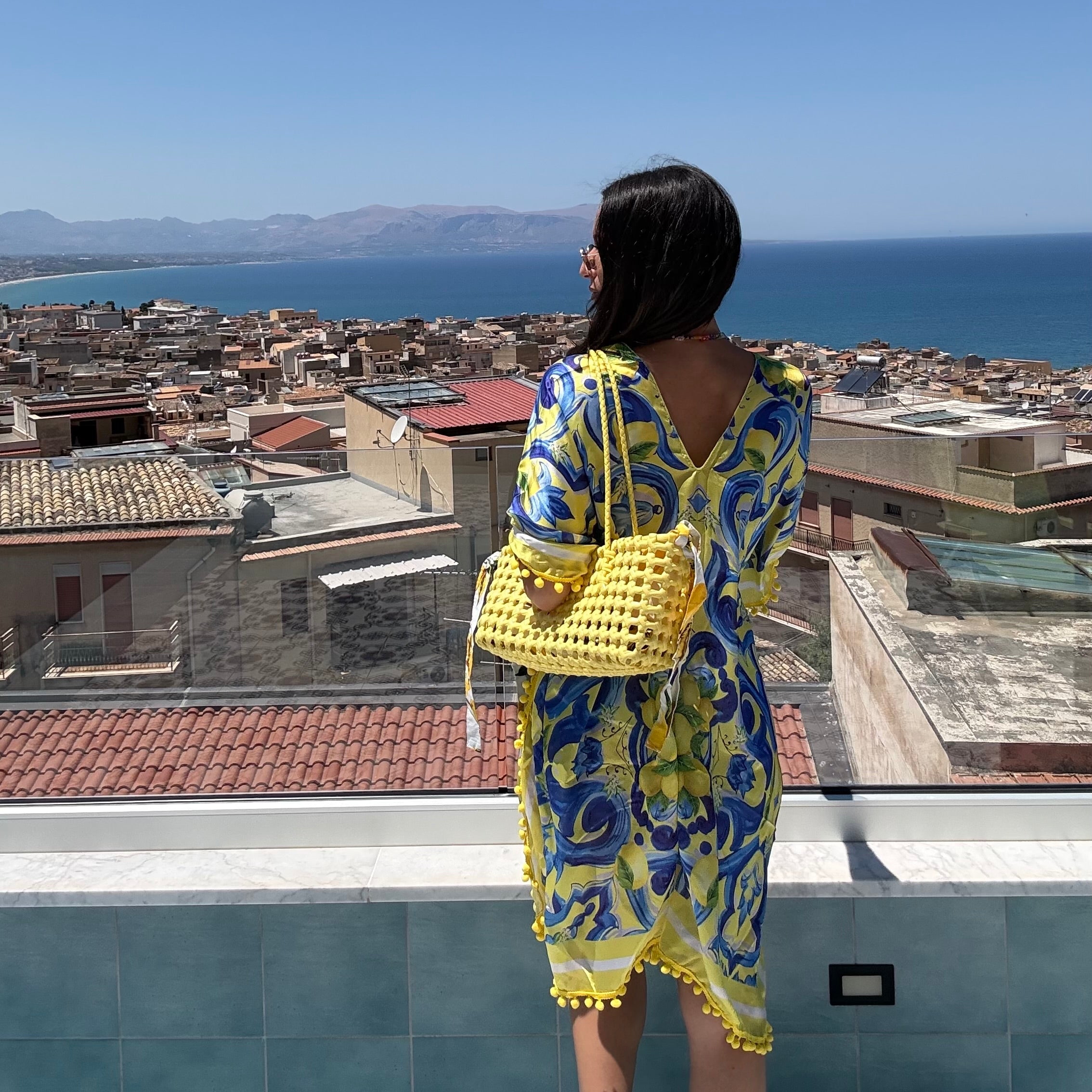 Blue and Yellow Scroll Foulard Dress - Dolce Vita Chic