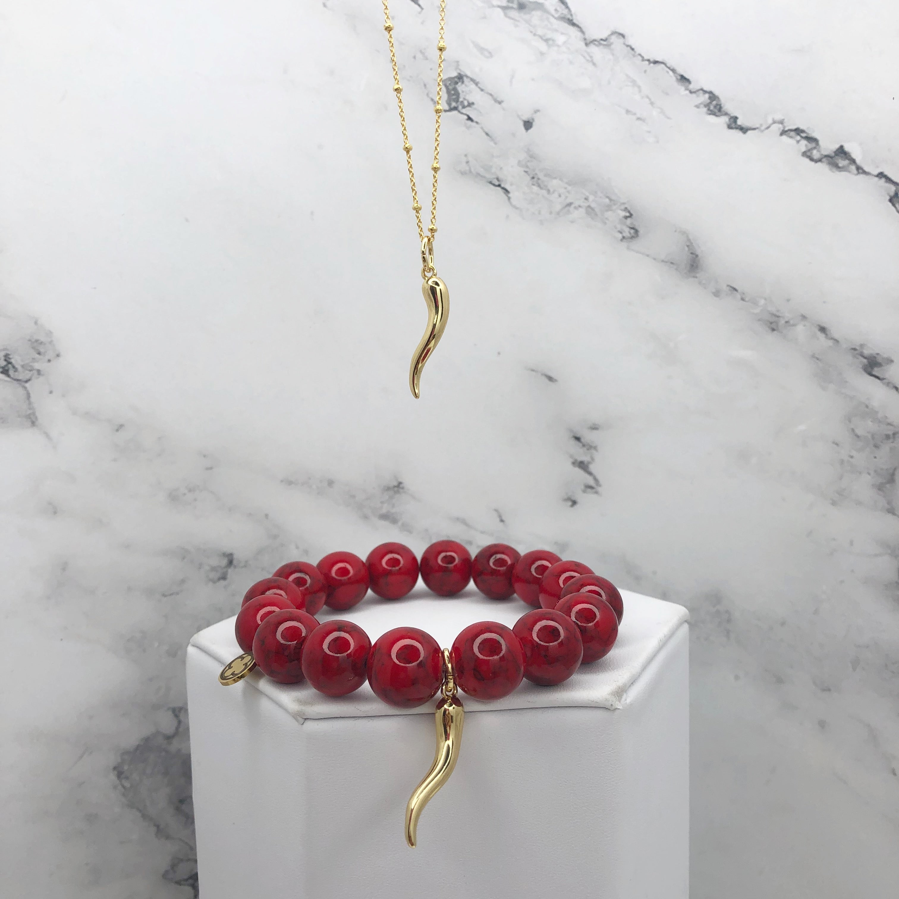 Red Howlite with Gold Horn Cornicello Pendant