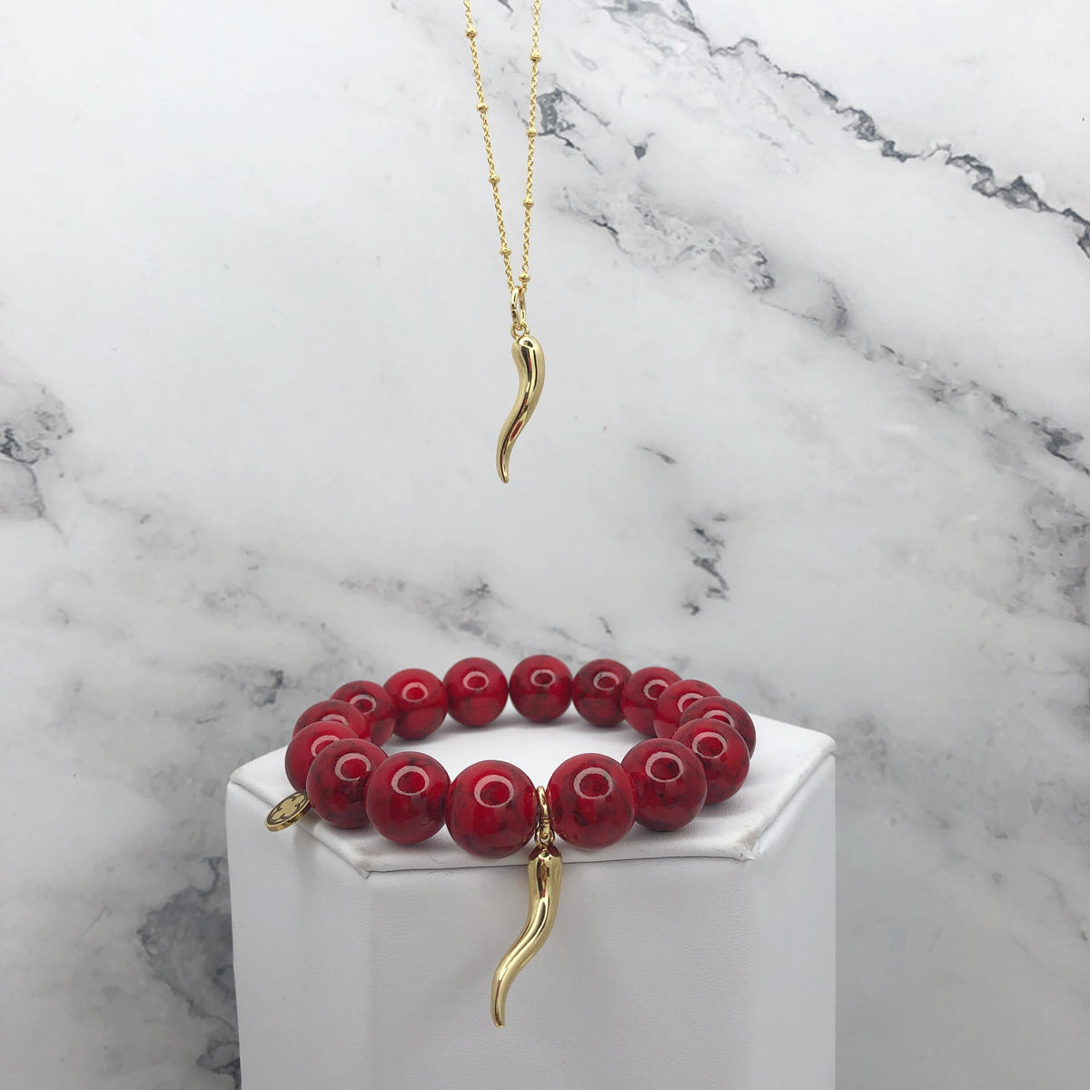 Red Howlite with Gold Horn Cornicello Pendant - Oriana Lamarca LLC