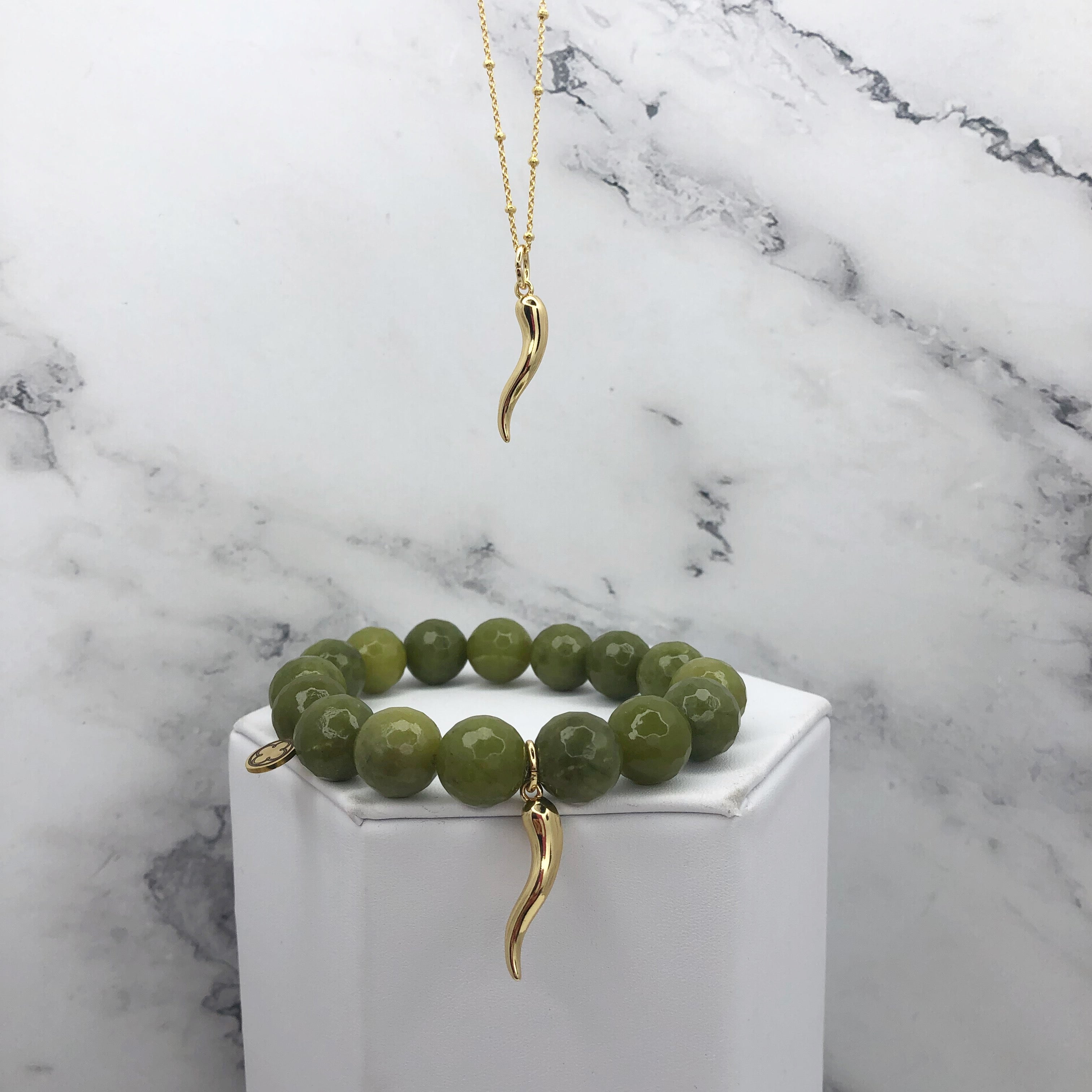 Green Garnet with Gold Horn Cornicello Pendant - Oriana Lamarca LLC