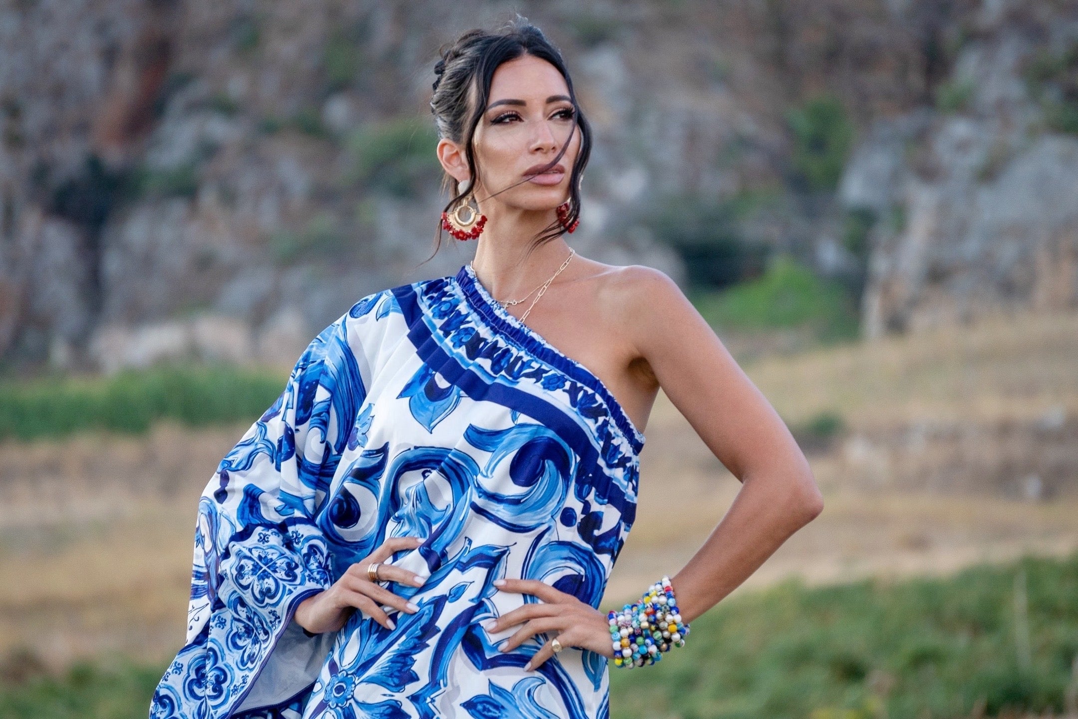 One Shoulder Blue Maiolica Dress by Dolce Vita Chic - Oriana Lamarca LLC