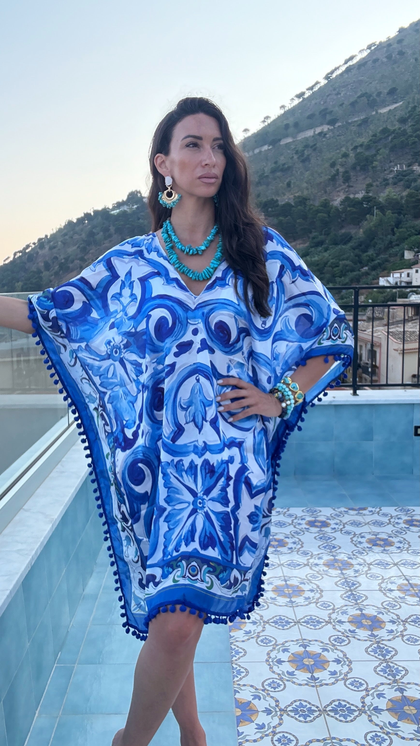 Blue Scroll Maiolica Foulard Dress - Dolce Vita Chic