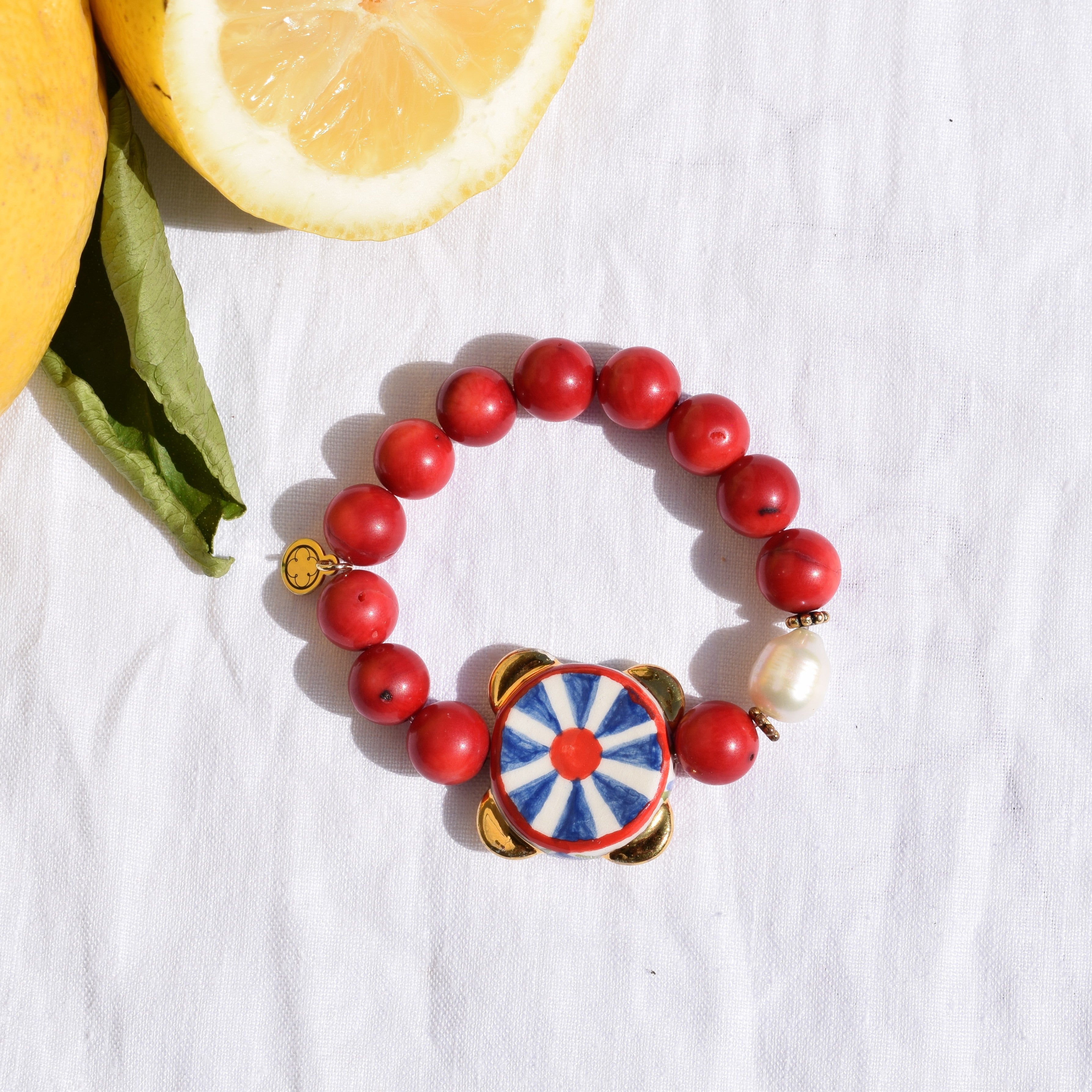 Red Coral with Handpainted Tambourine - Oriana Lamarca LLC