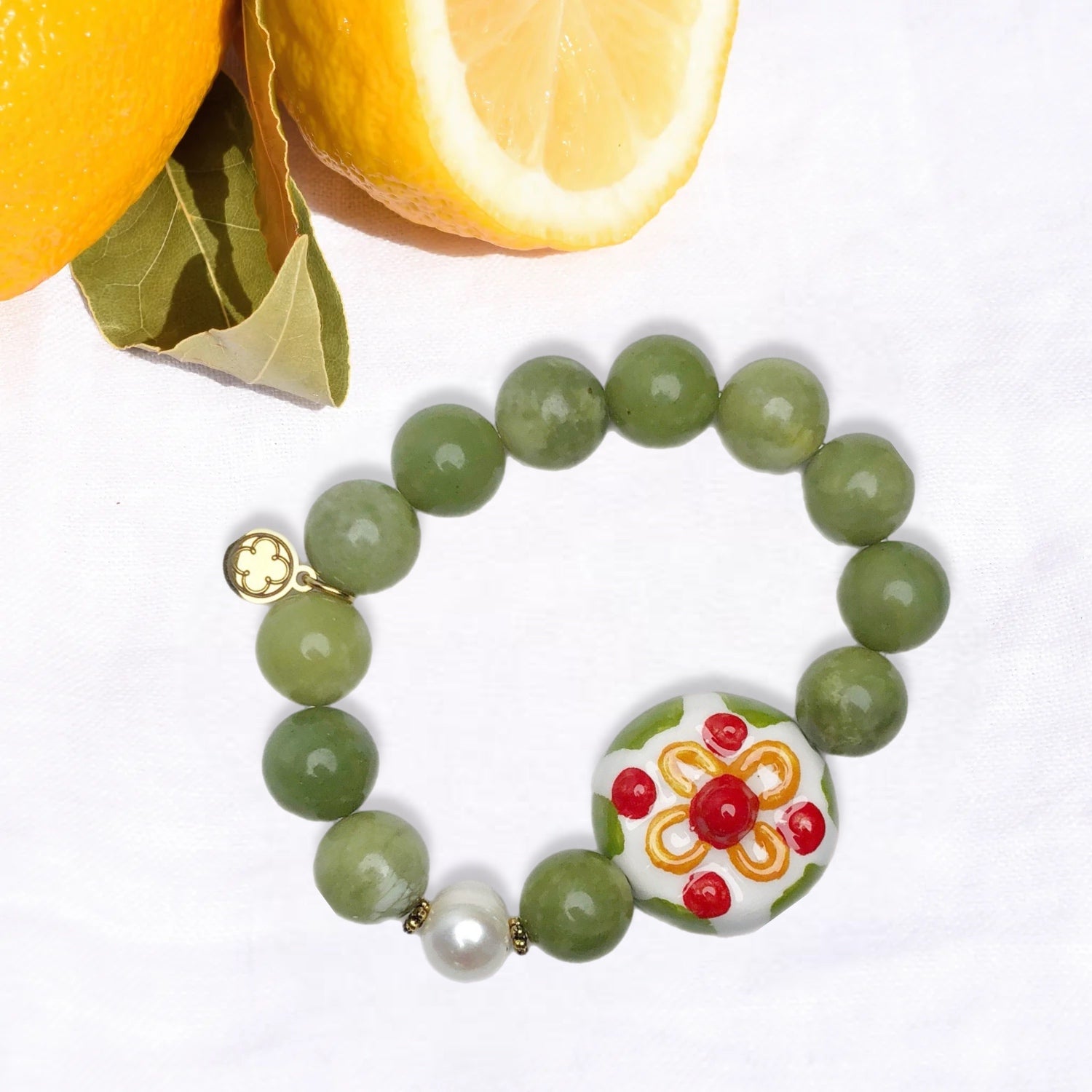 Green Garnet with Handpainted Ceramic "Cassata Siciliana"