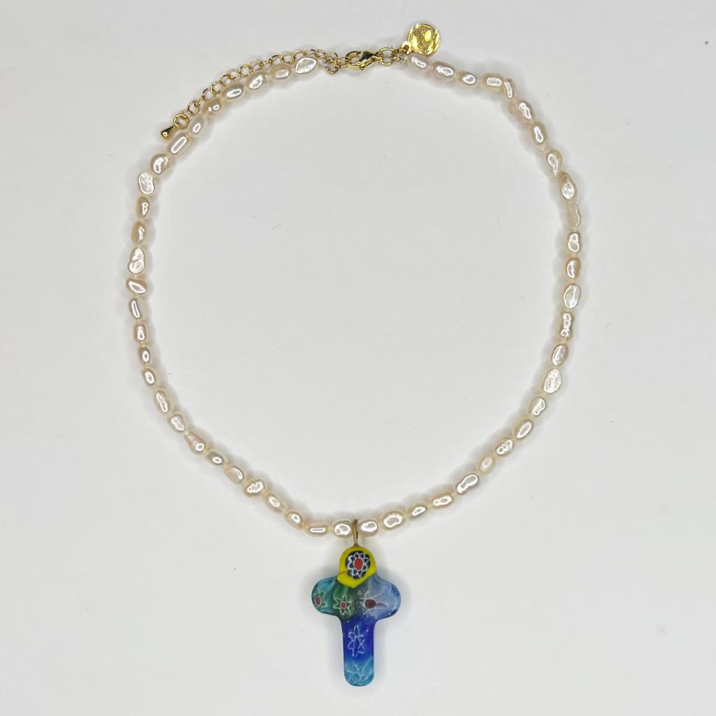 Freshwater Pearl Choker with Millefiore Cross - Oriana Lamarca LLC