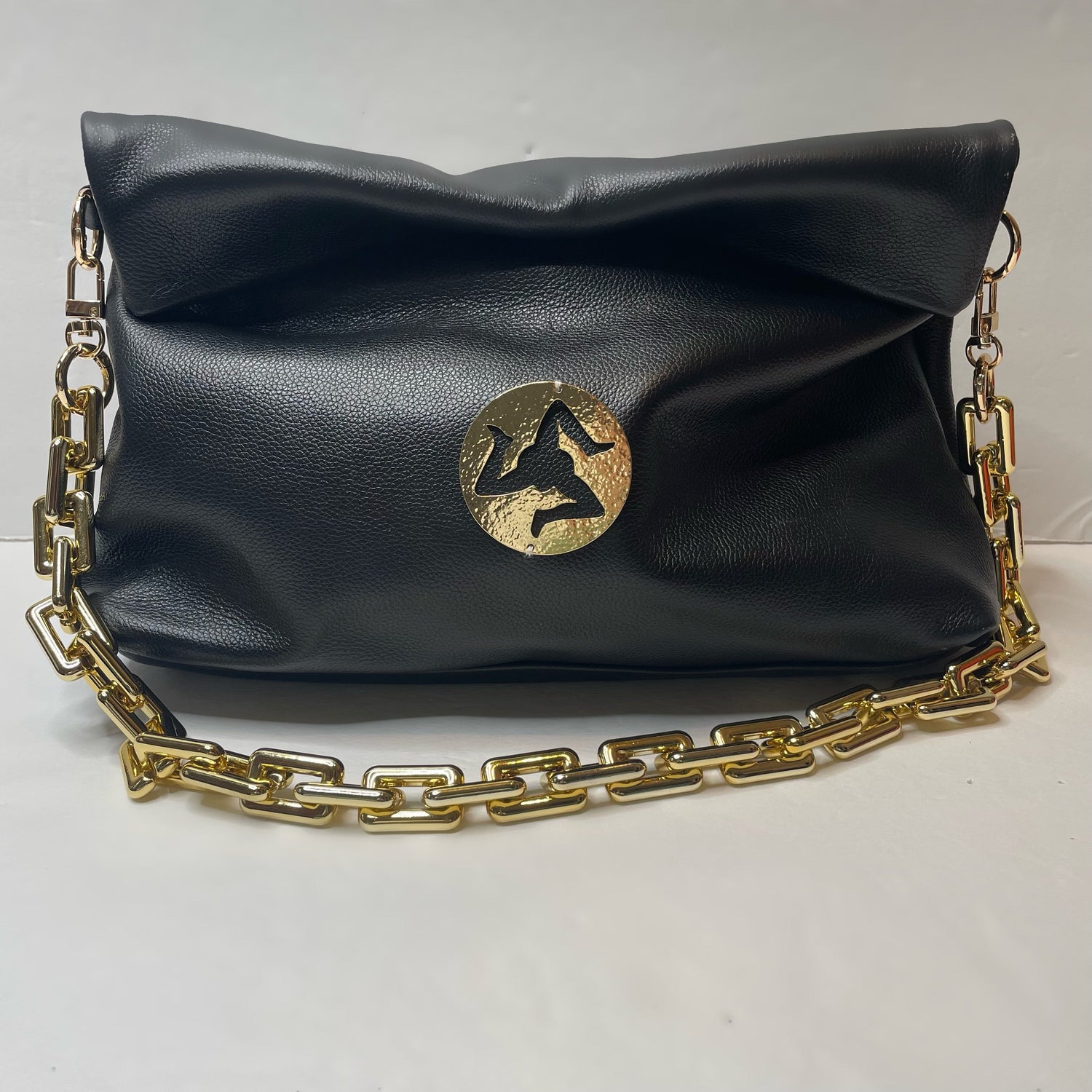 Gold Trinacria Nero Leather Handbag