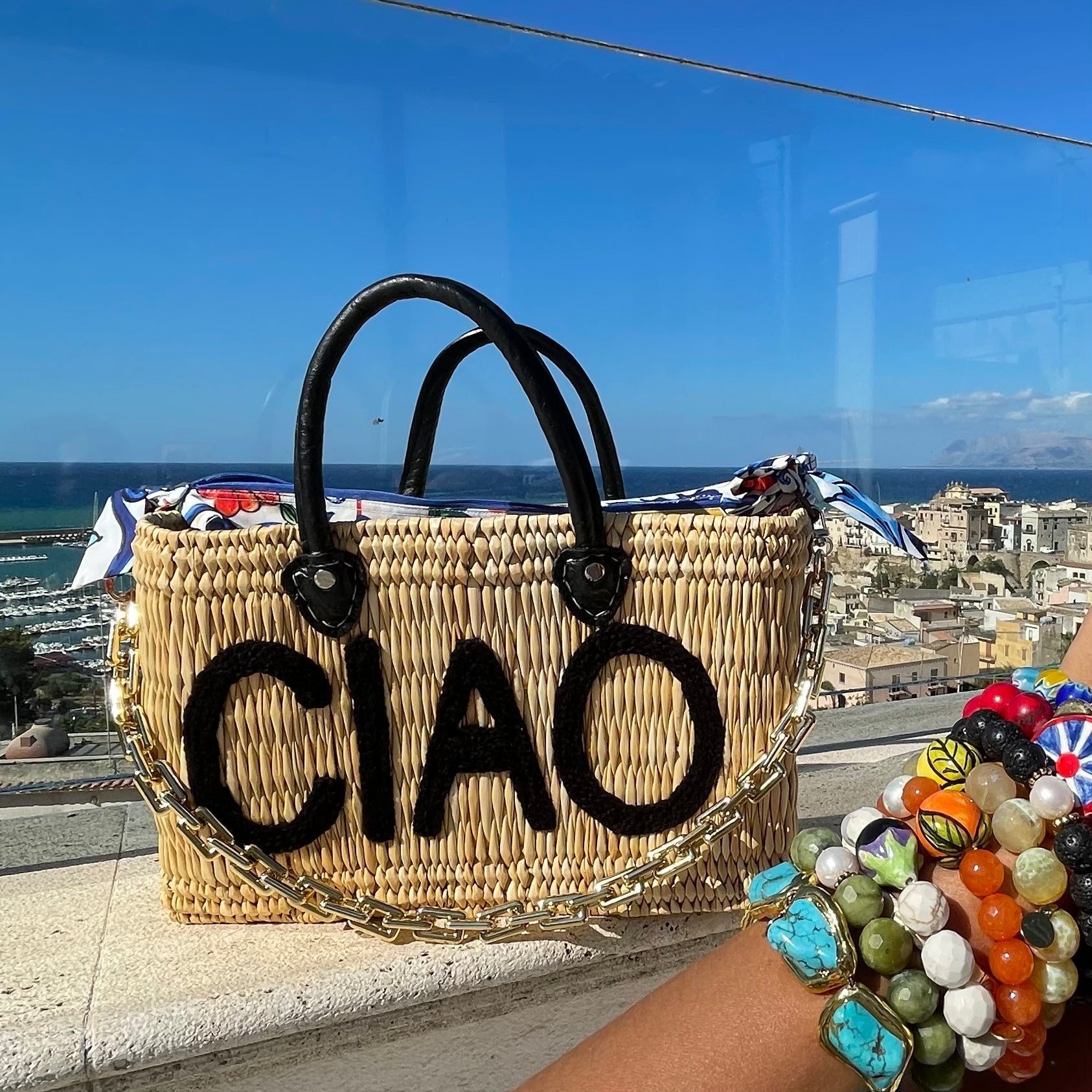 Lilliana CIAO Black Leather Handle Reed Bag - Oriana Lamarca LLC