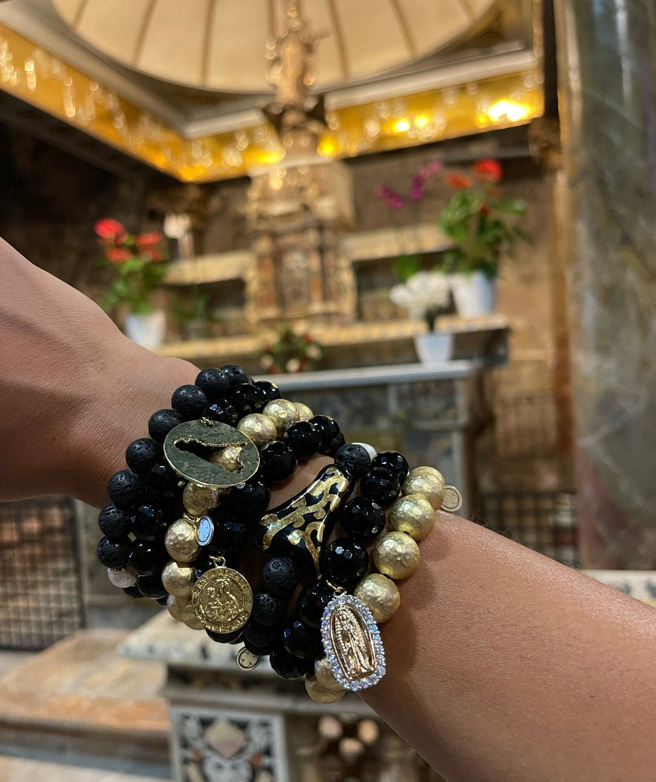 Black Onyx with St. Rosalia Pendant - Oriana Lamarca LLC
