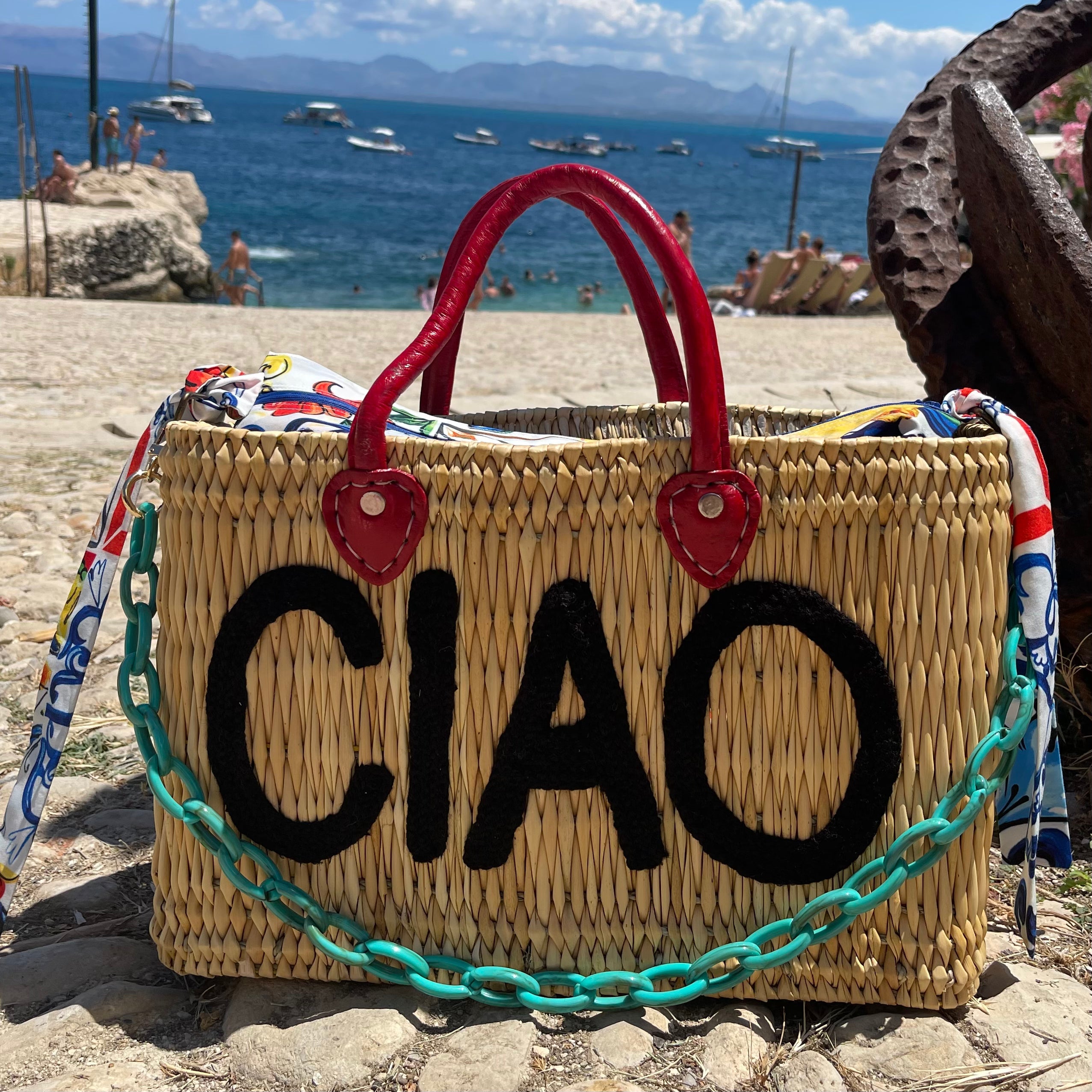 Lilliana CIAO Red Leather Handle Reed Bag - Oriana Lamarca LLC