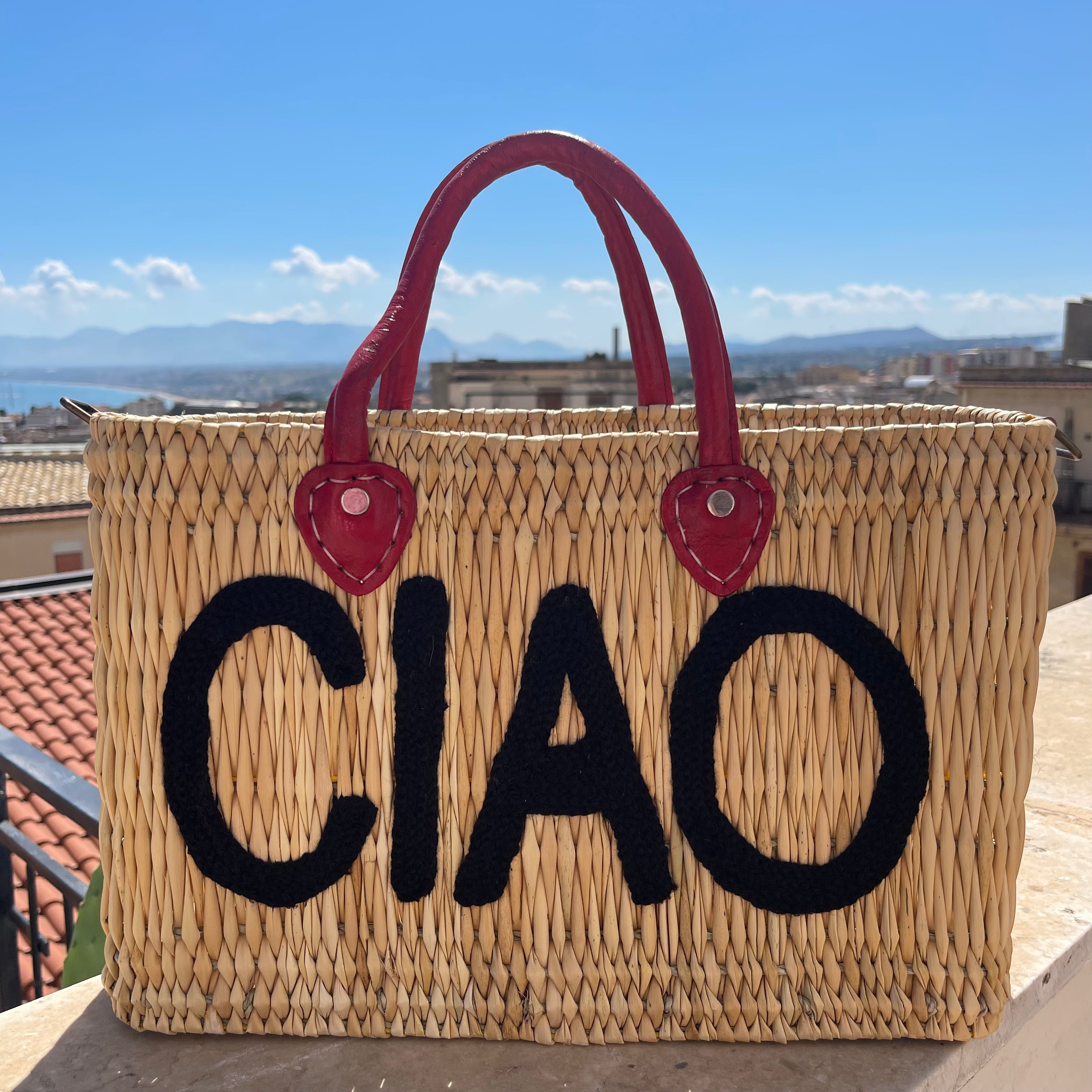 Lilliana CIAO Red Leather Handle Reed Bag - Oriana Lamarca LLC