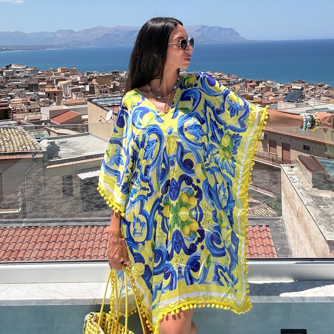 Blue and Yellow Scroll Foulard Dress - Dolce Vita Chic