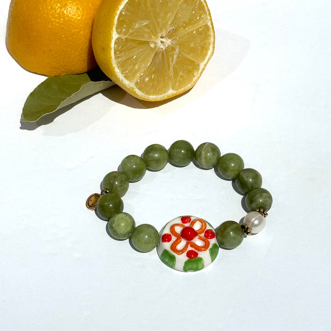 Green Garnet with Handpainted Ceramic &quot;Cassata Siciliana&quot;