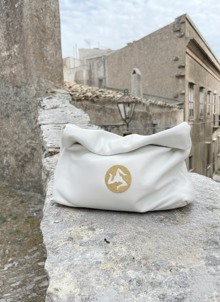 Gold Trinacria White Leather Handbag