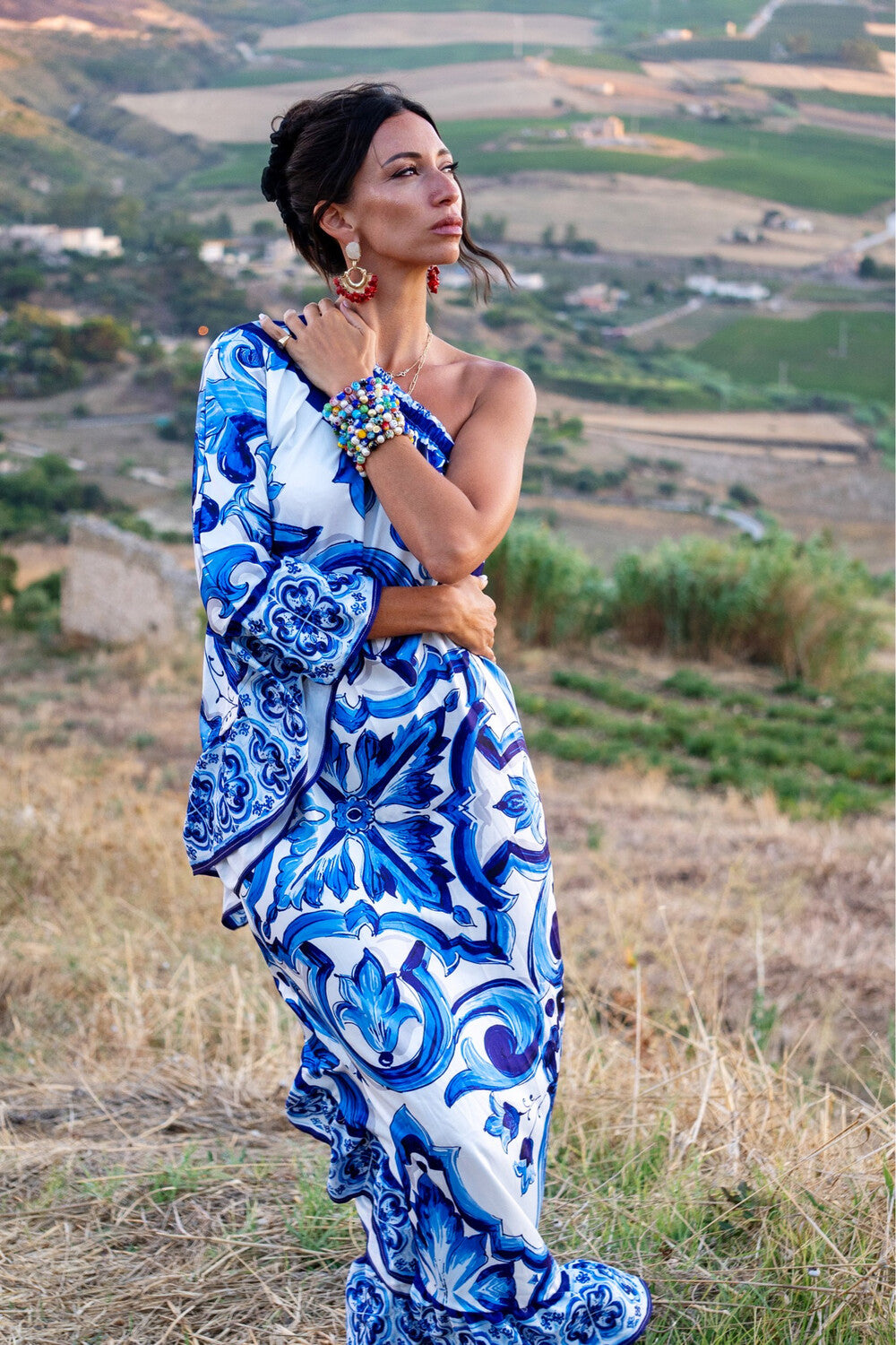 One Shoulder Blue Maiolica Dress