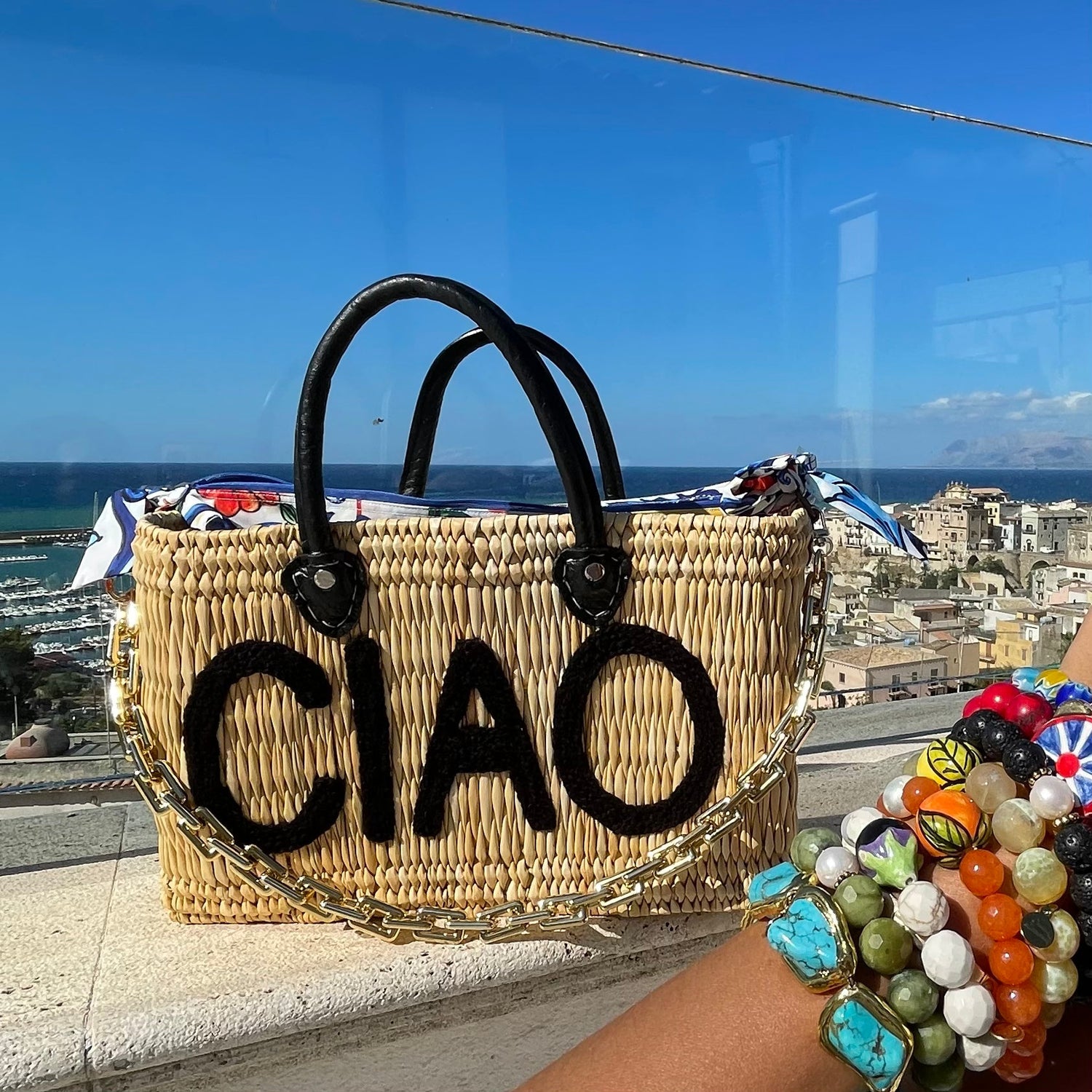 Lilliana CIAO Black Leather Handle Reed Bag